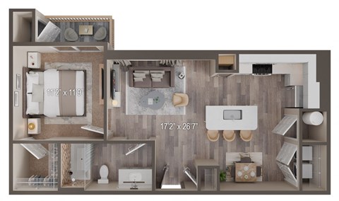Floor plan for 1 bed, 1 bath, 717 sqft